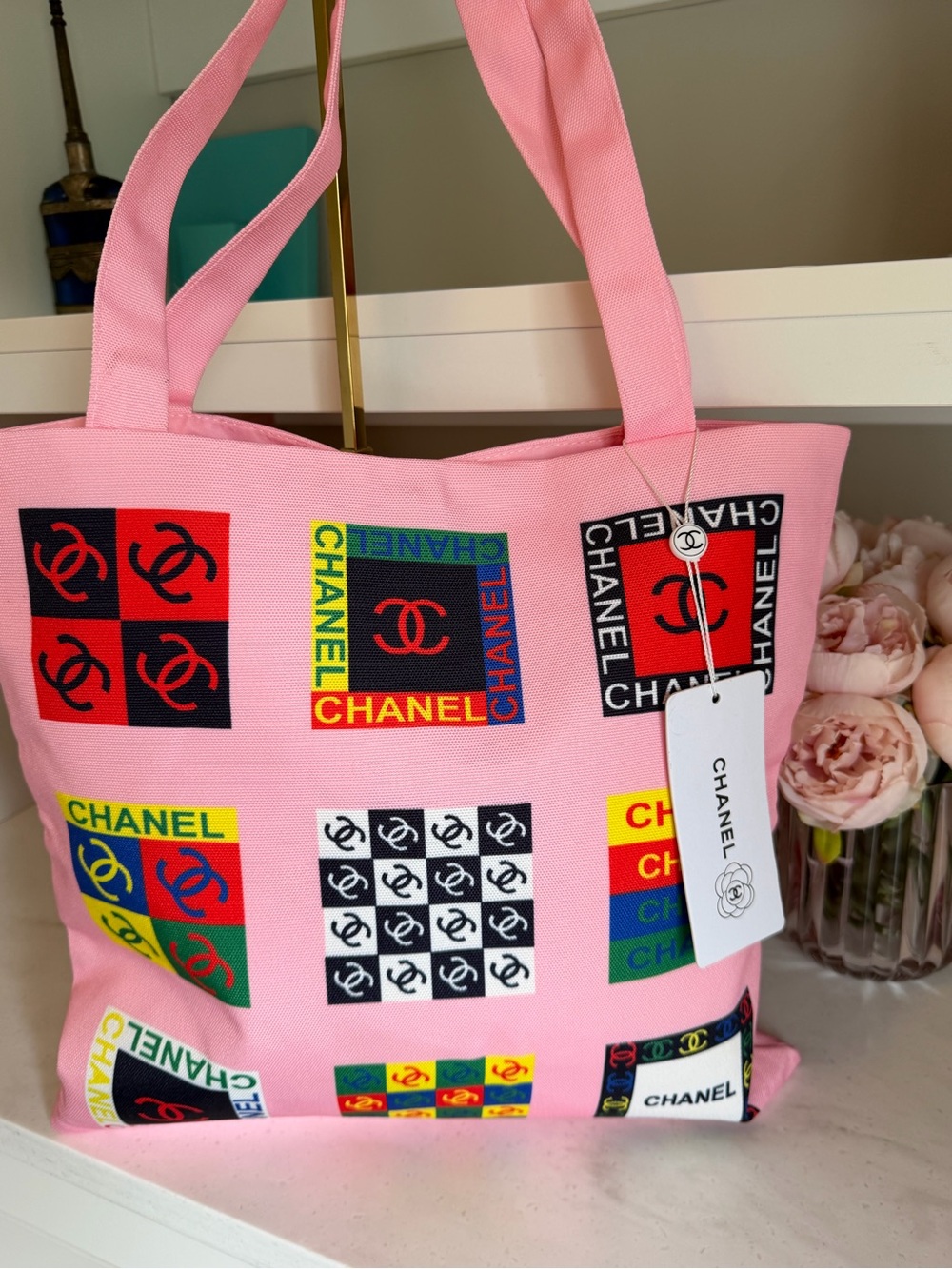 CHANEL GWP Pink Canvas Tote with Multicolor Logo Panels